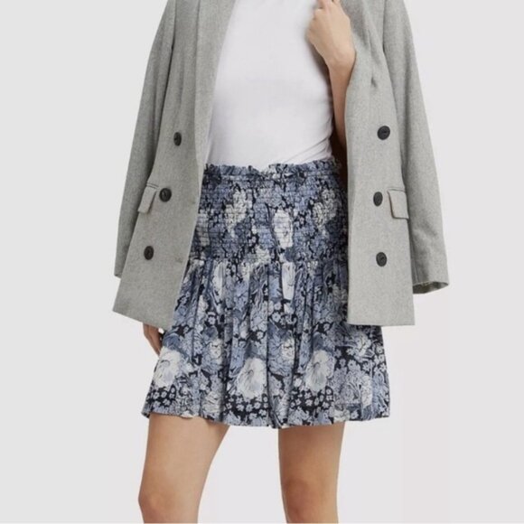 GANNI Blue Floral Georgette Smocked Pull on Lined Mini Skirt Size 34 SMALL‎ - Picture 2 of 13